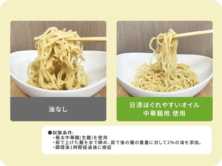 日清ほぐれやすいオイル中華麺用を使用した麺と油なしの麺の比較写真