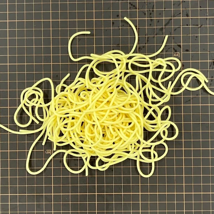 通常のサラダ油を使用したスパゲッティーが落下した写真です。